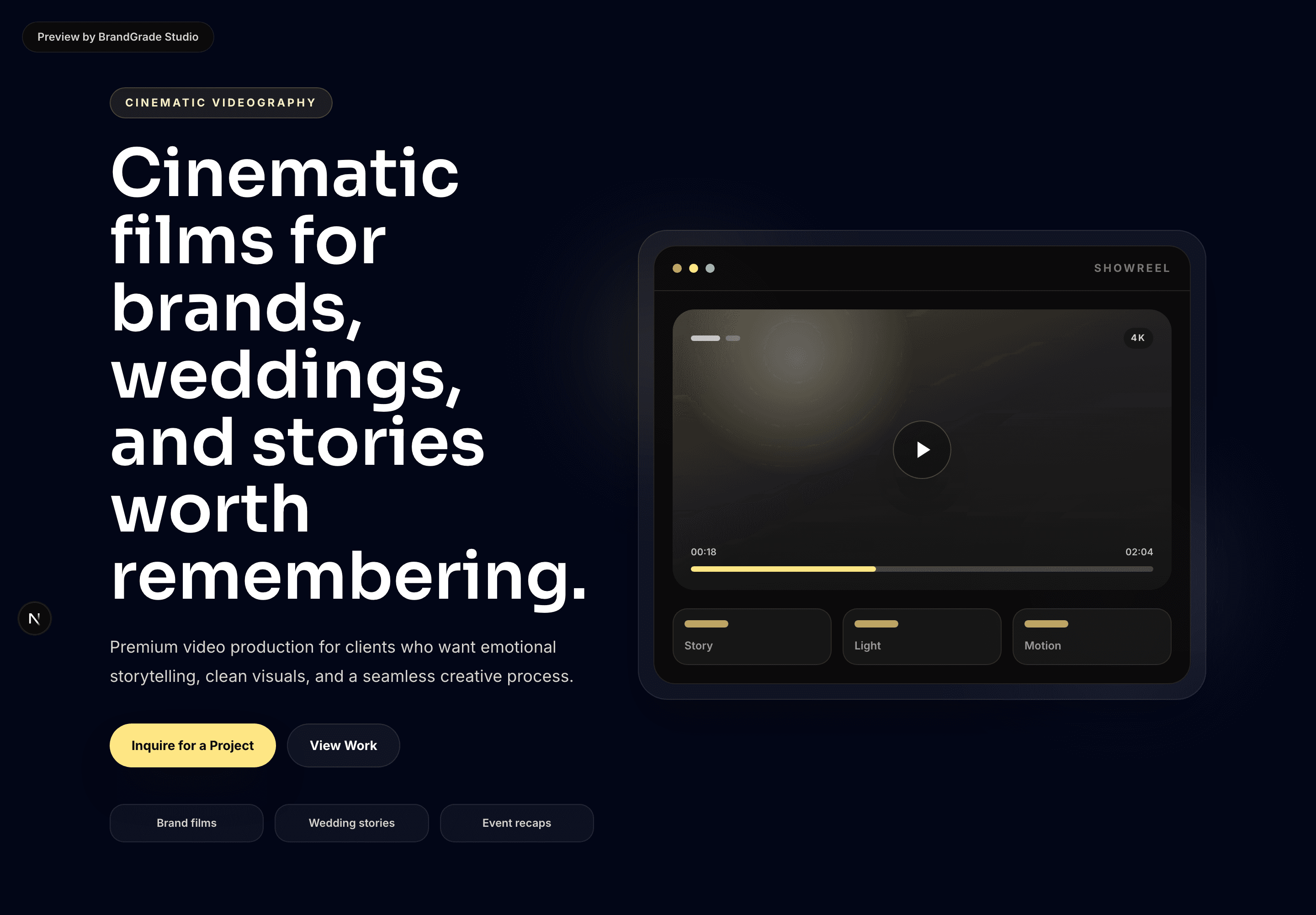 Videographer portfolio website demo preview
